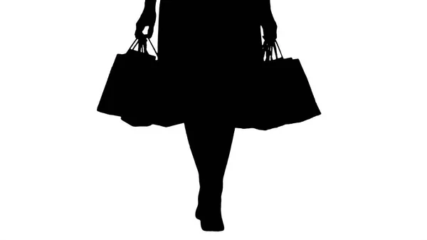 Silhouette Young woman legs carrying colorful shopping bags. — Stock Photo, Image