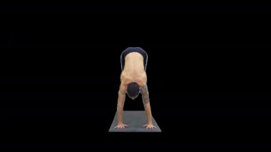 Sportif çekici genç adam yoga, pilates ya da spor yapıyor, esneme egzersizleri yapıyor, balıkçıl pozu veriyor, Alfa Kanalı.