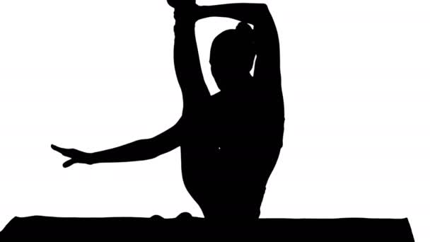 Silhouet sportieve yogi meisje doet fitness praktijk, rek, yoga asana Parivritta Kraunchasana, Heron vormen. — Stockvideo