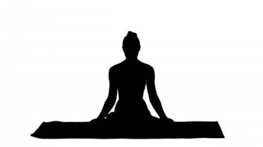 Gülen kadın yoga meditasyon oturma lotus, eller birleştiğinde siluet.