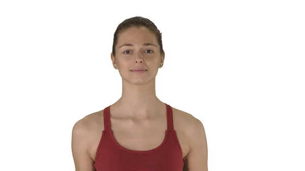 Jovem mulher fazendo exercícios de respiração de Yoga no fundo branco. — Fotografia de Stock