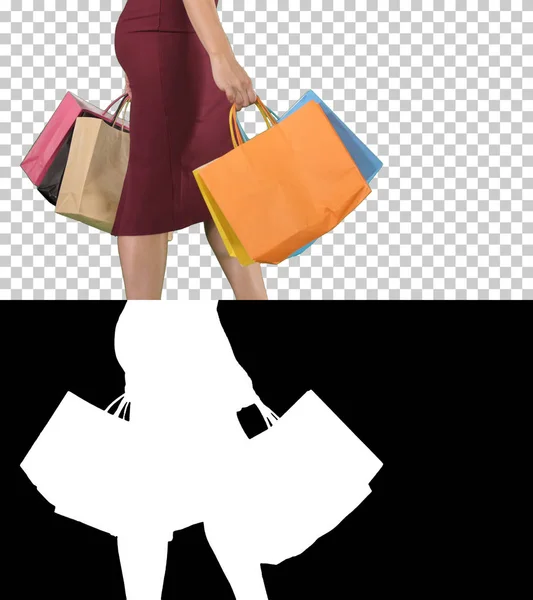 Woman holding shopping bag with colorful walking, Alpha Channel — Stock Photo, Image