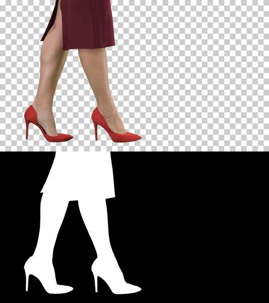 Sexy woman legs in red heels walking Business lady, Alpha Channel
