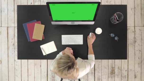 Femme portant des lunettes tout en utilisant l'ordinateur. Affichage de maquette d'écran vert . — Video