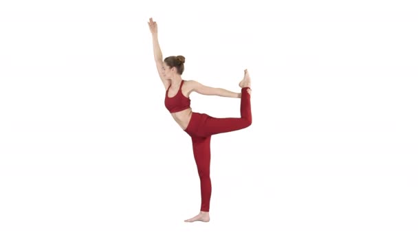Yoga pose, kvinna gör stretching ben, ben split på vit bakgrund. — Stockvideo