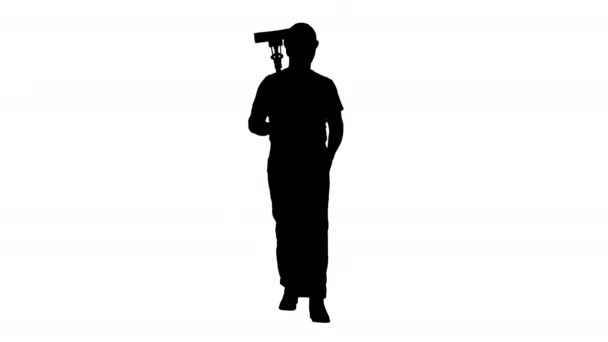 Silhouette Man z czyszczeniem MOP spaceru i uśmiechem do aparatu. — Wideo stockowe