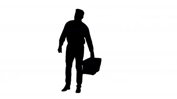 Silhouette Trabajador masculino de contracción listo para trabajar. Hombre casual con herramientas entra, mira a su alrededor y haciendo un gesto positivo estar listo para el trabajo. — Vídeos de Stock