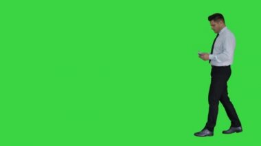 İşadamı yeşil ekrana para sayıyor, chroma key.