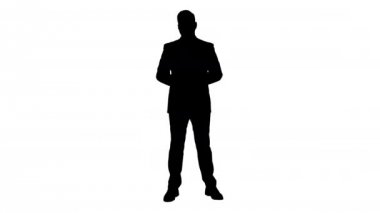 Silhouette gülümseyen işadamı bir şey ve konuşuyorsunuz işaret.