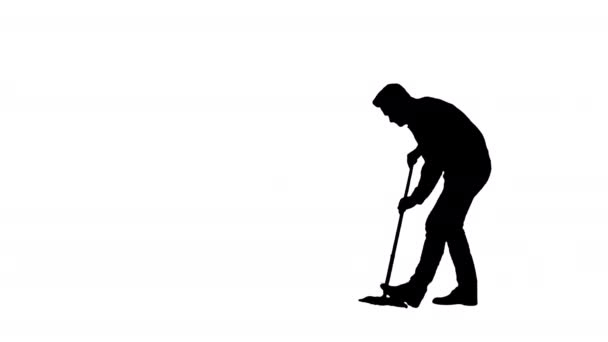 Silhouetteフロアケアとクリーニングサービス。カジュアルな男が床を掃除し、親指を示すジェスチャー. — ストック動画