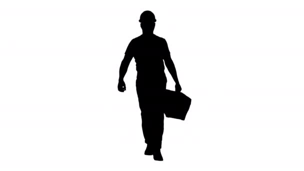 Silhouettenbauer mit Werkzeugkoffer zu Fuß. — Stockvideo