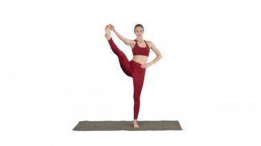Kadın Yoga Modeli Ayakta Bölünme Modeli Beyaz arka planda Gülümsüyor.