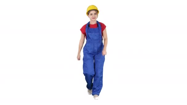 Confident experienced forewoman walking with will to work on white background. — Stock Video