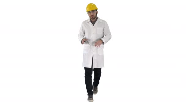 Master Constructor Engineer Man have a Positive Talking Camera Presentation on white background. — Stock Video