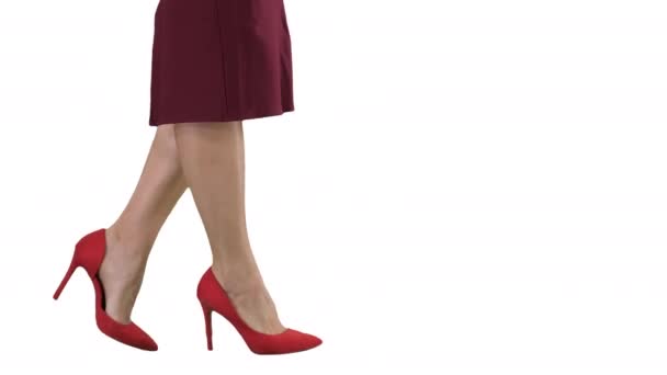 Sexig kvinna ben i röda klackar gångavstånd företag dam på vit bakgrund. — Stockvideo