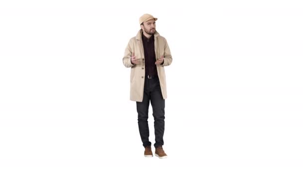Good work That is it Man walking and making gestures on white background. — Stock Video