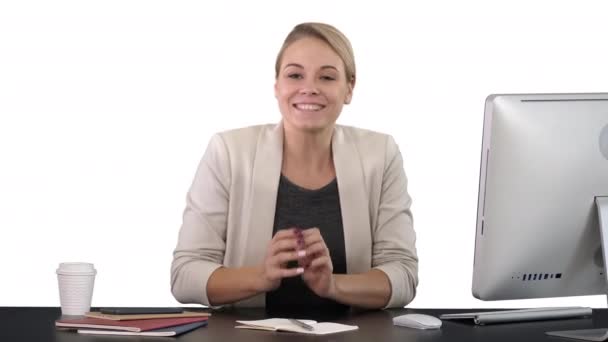 Blogging, technology, videoblog, mass media and people concept - happy smiling woman or blogger talking to camera, white background — Stock Video