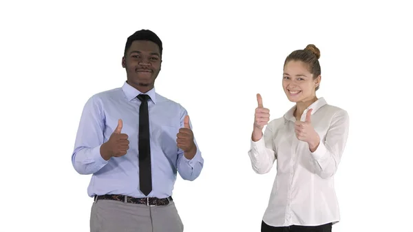 International happy smiling man and woman showing thumbs up on white background. — Stock Photo, Image