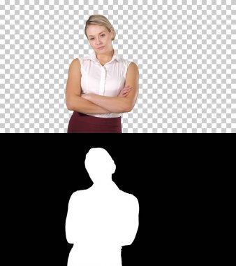 Kendine güveni tam genç bir iş kadını elleri bağlı duruyor, Alpha Channel.