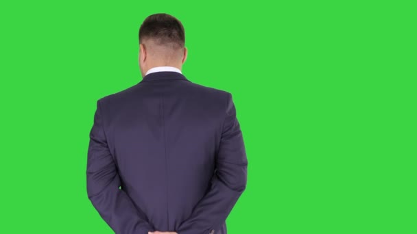 Επιχειρηματίας περπατάει και κοιτάζει γύρω κρατώντας τα χέρια πίσω από την πλάτη του σε μια πράσινη οθόνη, πλήκτρο αποχρώσεων. — Αρχείο Βίντεο