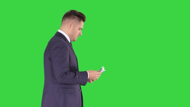 Homem de negócios andando contando notas de euro em uma tela verde, Chroma Key . — Vídeo de Stock