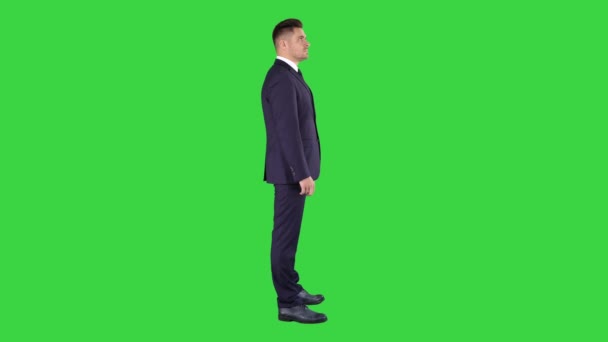 Senior blanke zakenman het object op een groen scherm bekijken en uitchecken, Chroma Key. — Stockvideo