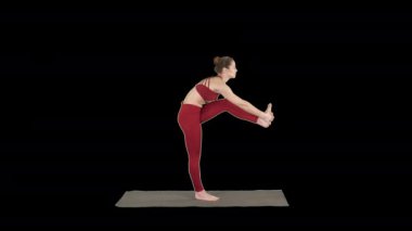 Spor kıyafetleriyle spor yapan güzel, formda bir kadın Utthita Hasta Padangusthasana, Dandayamana-Janushirasana, Alpha Channel 'ın varyasyonlarıyla bükülüyor.