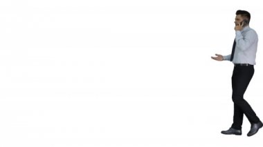 Olgun Adam Beyaz arka plan üzerinde Çerçeve Içinde Ve Out Yürüyüş Cep Telefonu Talking.