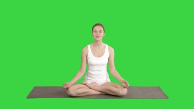 Kız yeşil ekranda birisi şakalar yoga konsantre olamaz, Chroma Key.
