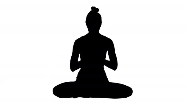 Silhouet mooie jonge vrouw Yogi Rising haar ogen naar camera en glimlacht zittend in Lotus pose. — Stockvideo