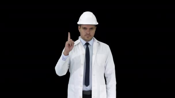 Inginer științific încrezător Efectuarea atenției Gesture mână în sus, Alpha Channel — Videoclip de stoc