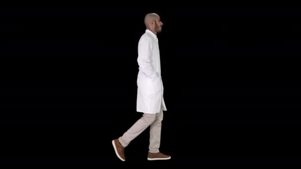 Médico caminando con las manos en los bolsillos, Alpha Channel — Vídeo de stock