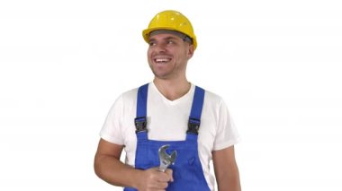 Dost yapıcı beyaz arka plan üzerinde başparmak gösteren bir şey düzeltmek için istekli.