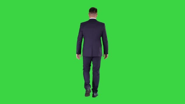 グリーンスクリーンを歩いている自信のあるビジネスマン、クロマ・キー. — ストック動画