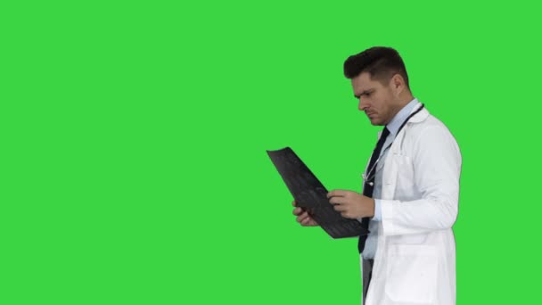 Doktor patrząc na wynik MRI mózgu i Znajdź zły diagnostyki na zielonym ekranie, Klucz chrominancji. — Wideo stockowe