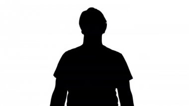 Siluet Amazed oluşturucu müteahhit başparmak gösteriyor. Çalışmalarının sonucu hakkında mutlu.