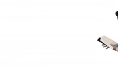 Beyaz arka planda yürürken akıllı kitap yanlış anlaşılmalarını okumaya çalışan kafası karışmış genç adam..