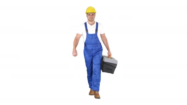 Builder with tool case walking on white background. — Stock Video