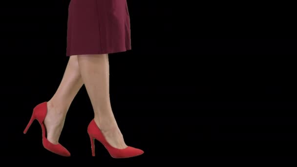 Сексуальная женщина ноги на красных каблуках ходьба бизнес леди, Альфа-канал — стоковое видео