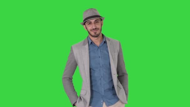 Junger asiatischer Touristenmann mit Hut, der mit den Händen in den Taschen auf einem grünen Bildschirm läuft, Chroma-Schlüssel. — Stockvideo