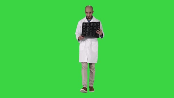 Arap hekim Yeşil Ekranda yürürken MR beyin taraması gözden, Chroma Key. — Stok video