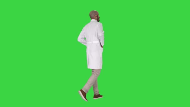 Περπατώντας γιατρός σε μια ρόμπα σε πράσινη οθόνη, πλήκτρο αποχρώσεων. — Αρχείο Βίντεο