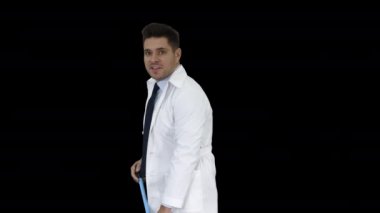 Beyaz Bornozdaki adam zemini süpürüyor ve konuşuyor, Alpha Channel