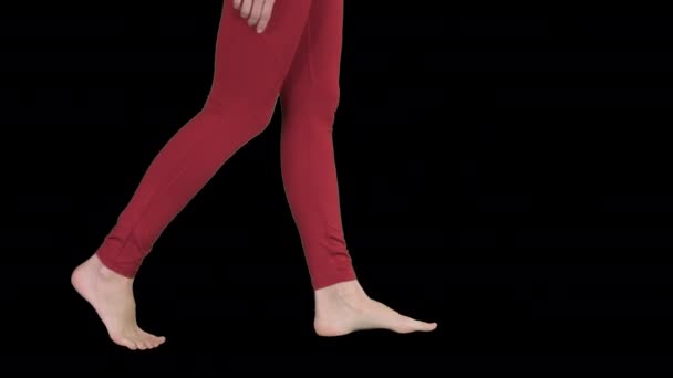 Женские ноги голые и предпринимают шаги Йога, Альфа-канал — стоковое видео