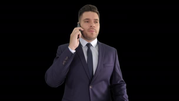 Serious worried businessman talking on cellphone, Alpha Channel — Stock Video