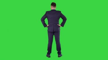 Bir yeşil ekran üzerinde kalça eller ile etrafında bakıyor işadamı, Chroma anahtar.