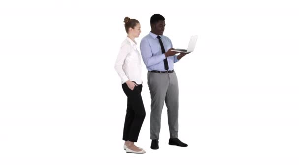 Satisfied of their work man and woman looking in the laptop on white background. — Stock Video