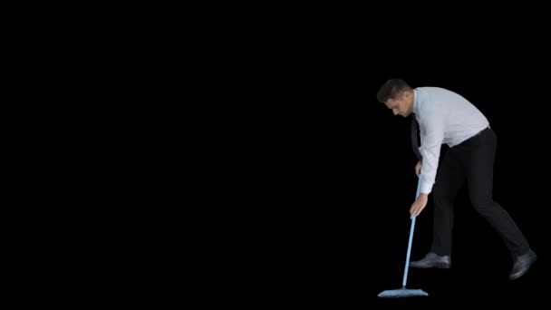 Man with thumb up holding broom in formal clothes or business outfit after sweeping floor, Alpha Channel — Stock Video