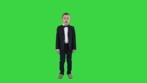 Piccolo uomo d'affari che presenta qualcosa e se ne va su uno schermo verde, Chroma Key . — Video Stock