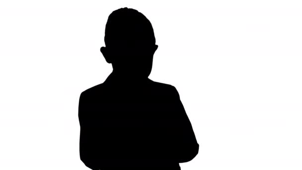 Silhouette Boy en una ropa formal escrito en la lista de verificación o portátil . — Vídeos de Stock